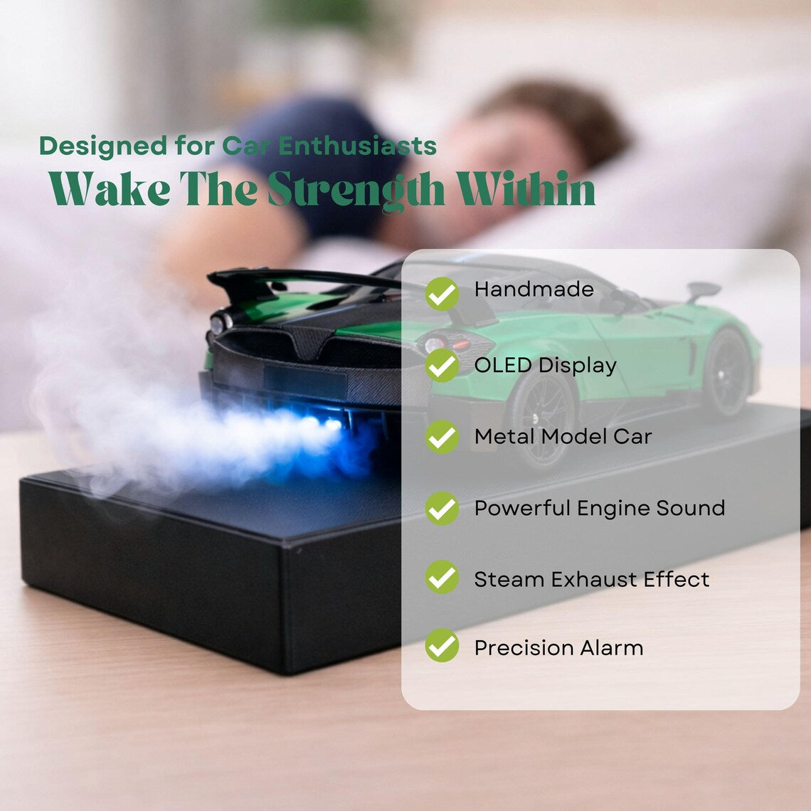 Pagani Huayra Car Alarm Clock – Handmade – Steam Effect – Green